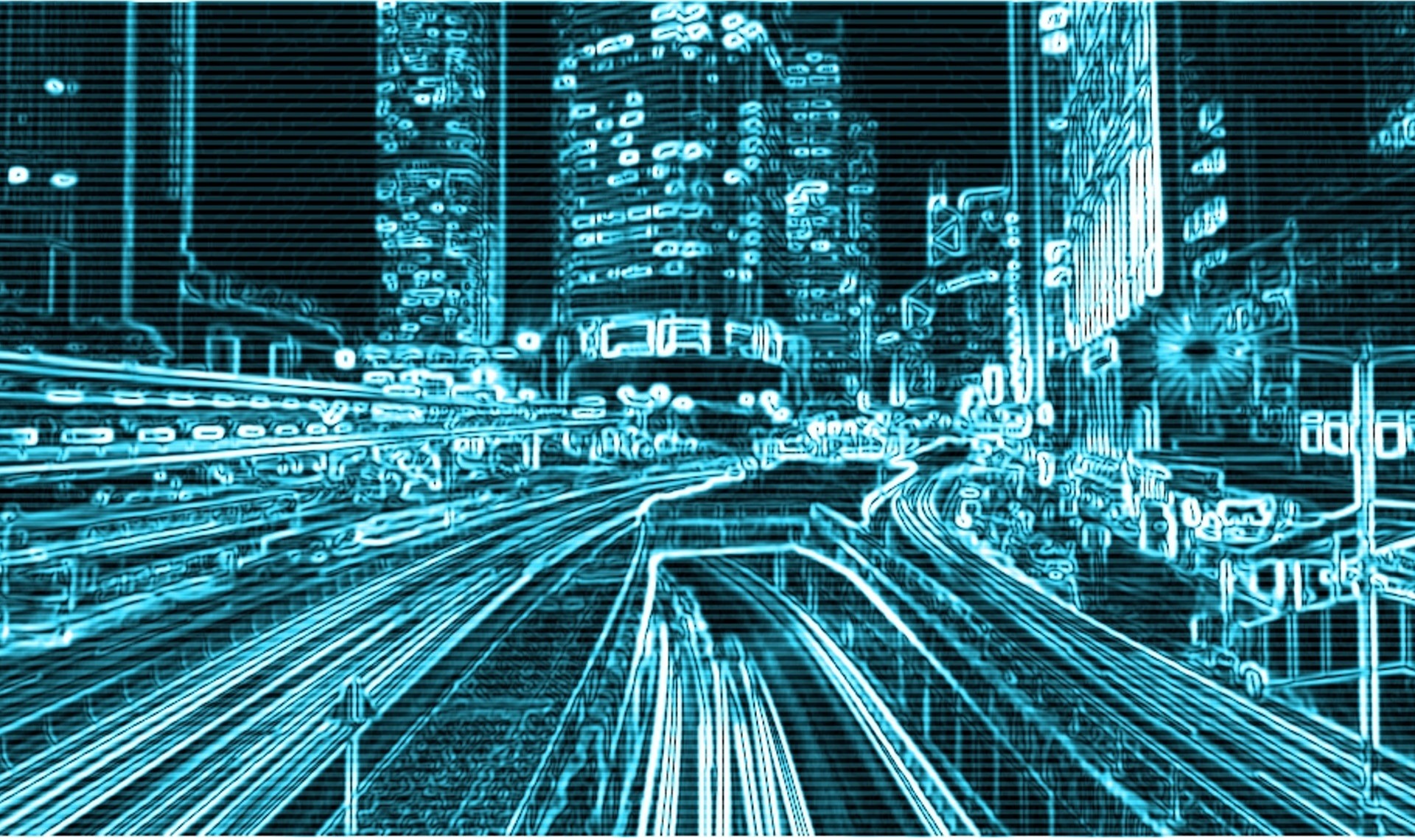 teal cyber image of a city